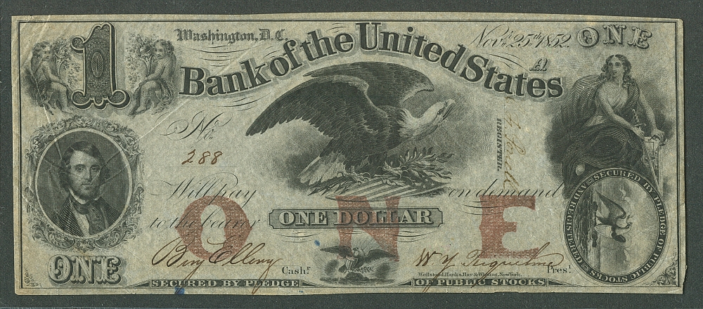 District of Columbia, Washington, Bank of the United States, 1852 $1, VF/XF